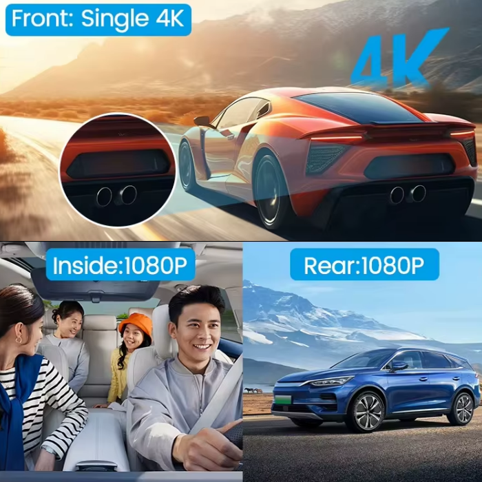 Driving Safety 3 Channel Dash Cam With 4K Front Camera Recording WiFi