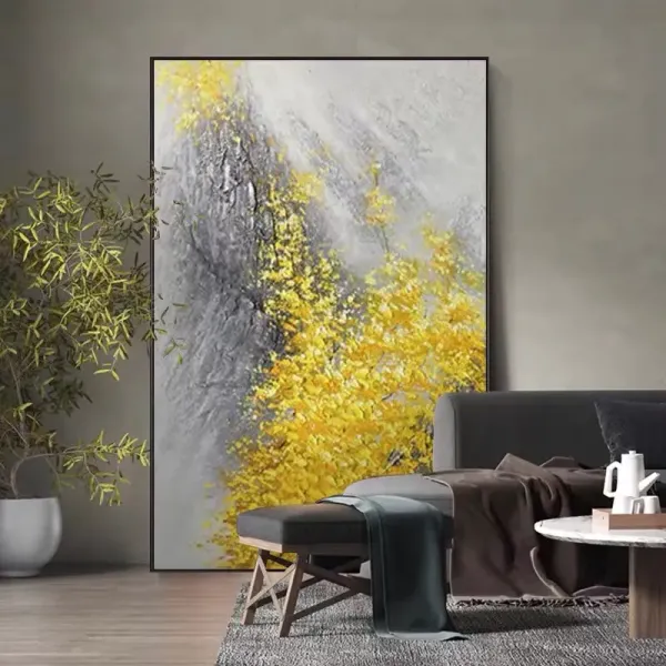 Modern Handpainted Oil Painting On Canvas Abstract Landscape Fortune Golden Leaf Texture Art