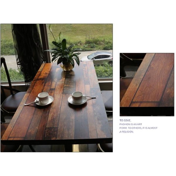 Customized Retro Industrial Fast Food  Furniture Wooden Cafe Restaurant Tables and Metal Leather Chairs