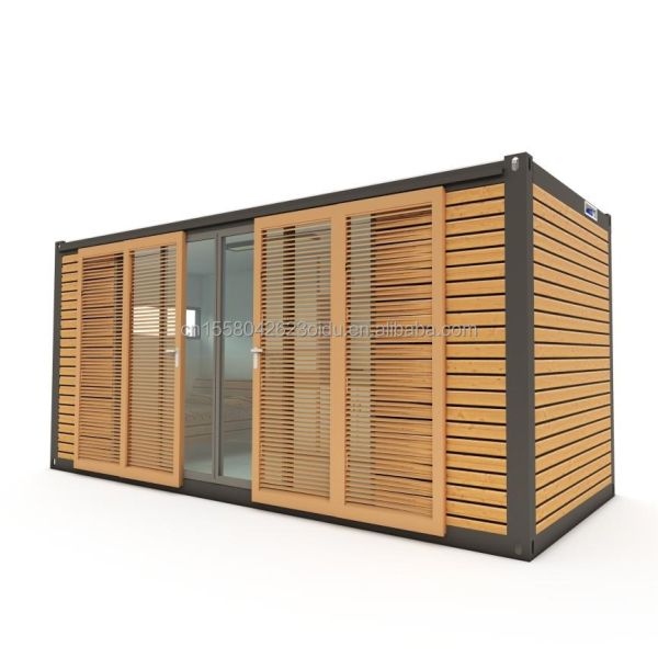 Alojamiento hotelero Casa de oficinas prefabricada de contenedores de 20 pies con puerta corredera de madera y ventanas de aleación de aluminio