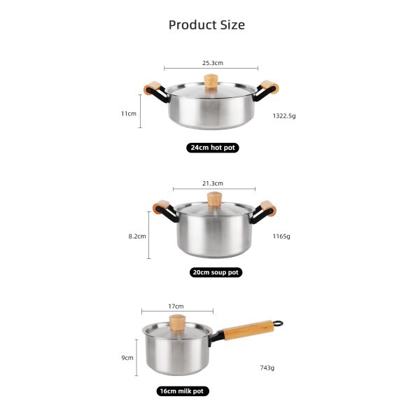 Factory Direct 3 Pieces Cooking Pot Set Kitchen Wares Set Pots And Pans Cookware Sets Cooking With Wooden Handle