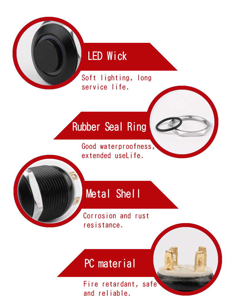 12V/24V/220V Waterproof Momentary 1NO Push Button 12mm Aluminium Alloy Oxidation IP65 3A Max. Current 250V Electronic LED Ring