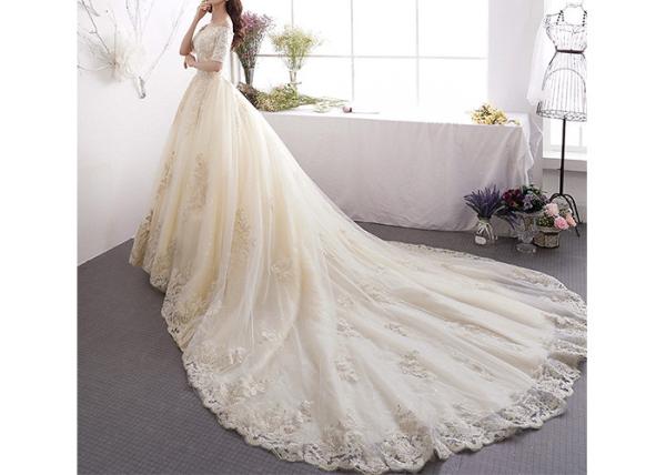 Lace Long Tail Bridal Dresses Off Shoulder Half Sleeve Back Bandage With  Logo Custom
