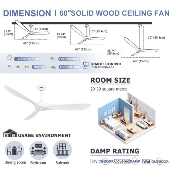 Mais de cinco velocidades de vento 30W 60 polegadas LED Ventilador de teto de madeira com motor DC leve