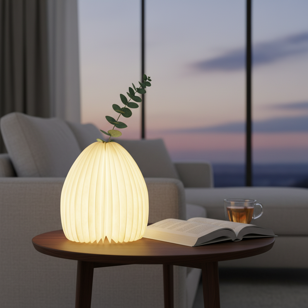 Vase Shaped Foldable Paper Lamp with Flower Tube, USB Rechargeable LED Dimmable Night Light, Portable Home Decor for Living Room