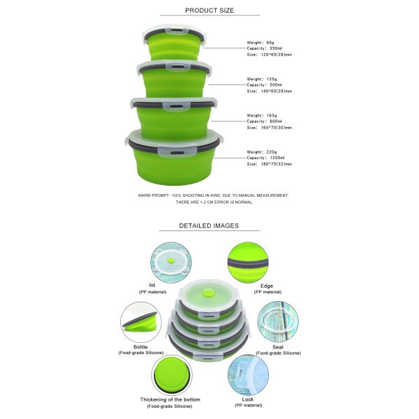коробка для завтрака 350 складчатости силикона круга 4pcs 500 800 1200ML