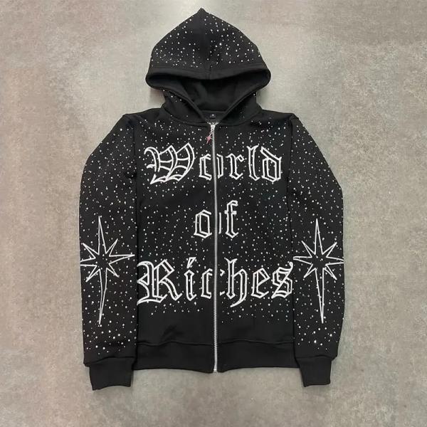 High Quality Embroidery Zip Hoodie Heavyweight Cotton French Terry Oversized Hoodies Custom Zipper Rhinestone Zip Up Hoodie