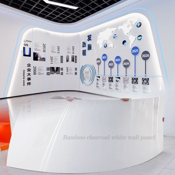 New Bamboo Charcoal Wood Veneer PET High Gloss White Marble Wall Paneling Waterproof Decorative Panel For Exhibition Halls