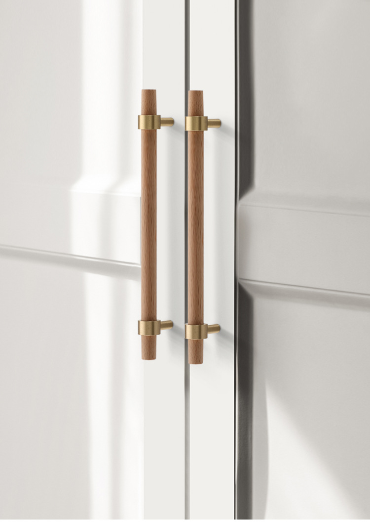 Nordic Gold Minimalist Beech Wood Cabinet Door Handle with Long Brass Pull Natural Wood Style for Wardrobe or Drawer