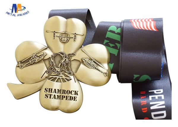 Flower Shape Custom Award Medals Antique Gold No Colors With Sublimated Ribbon