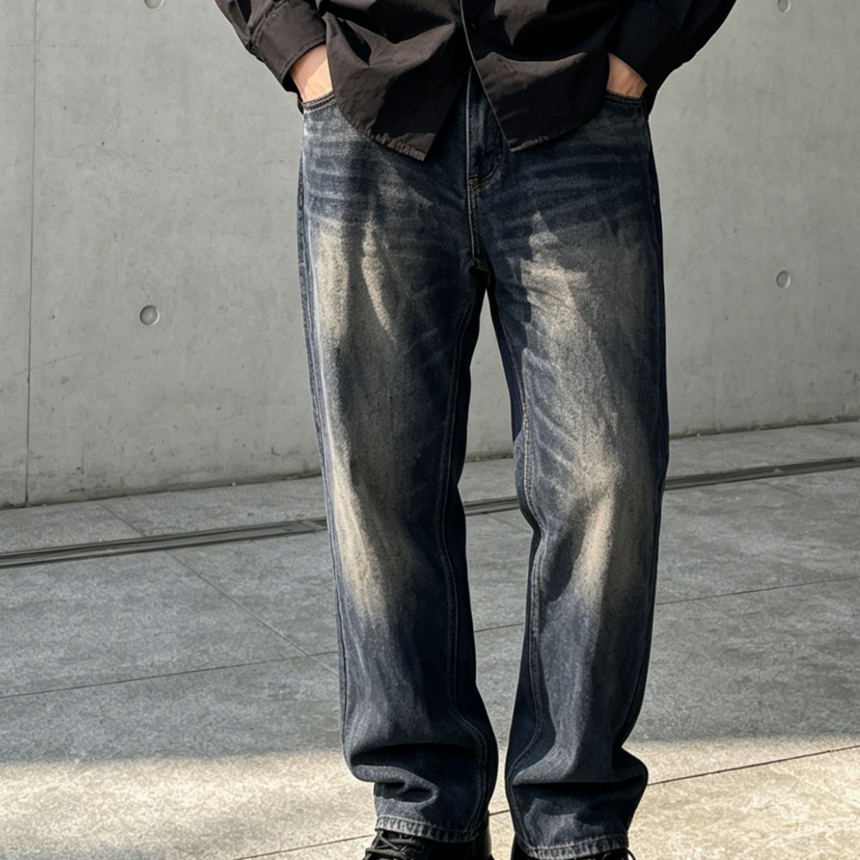 Horse Shadow Dark Wash Jeans Gradient Straight Leg Jeans Wide