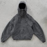 Customized Zipper Stone Washed Distressed 100% Cotton Canvas Zip Up Hoodies for Men