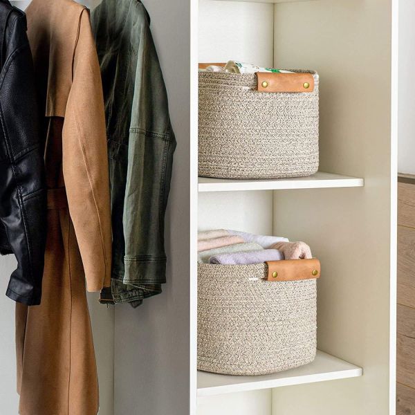 Decorative Containers KingWell Handwoven Storage Basket With Leather Handles