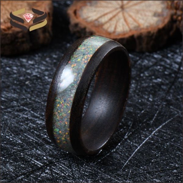 Naturaleza de la boda Koa Anillos de madera 8mm incrustación de ópal de fuego blanco con configuración invisible