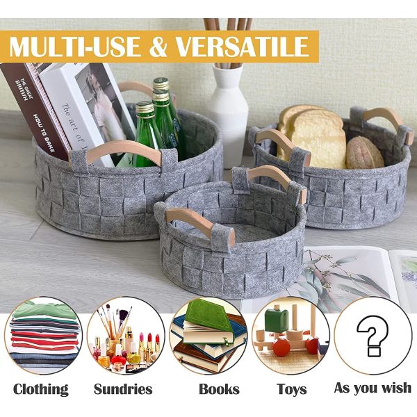 3 Pack Beige 3mm Woven Felt Baskets With Wooden Handles Storage Box