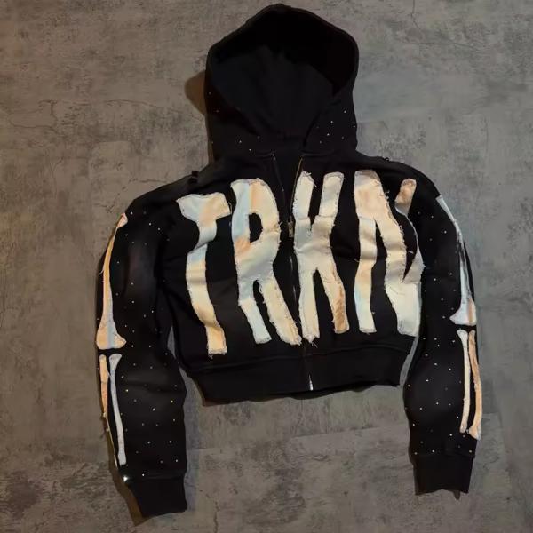 Apliques de logotipo personalizados Bordado con capucha con capucha de imprenta de diamantes de imitación negros para hombres condenas por dobladillo de carritos franceses de Terry