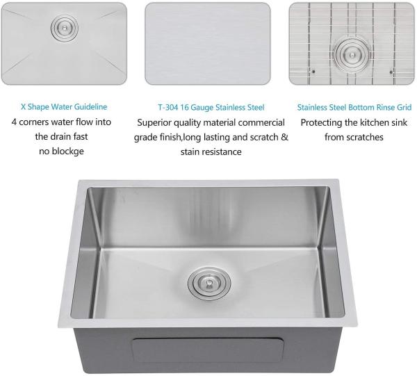 26 Inch 16 Gauge Deep Undermount Stainless Steel Kitchen Sink Basin
