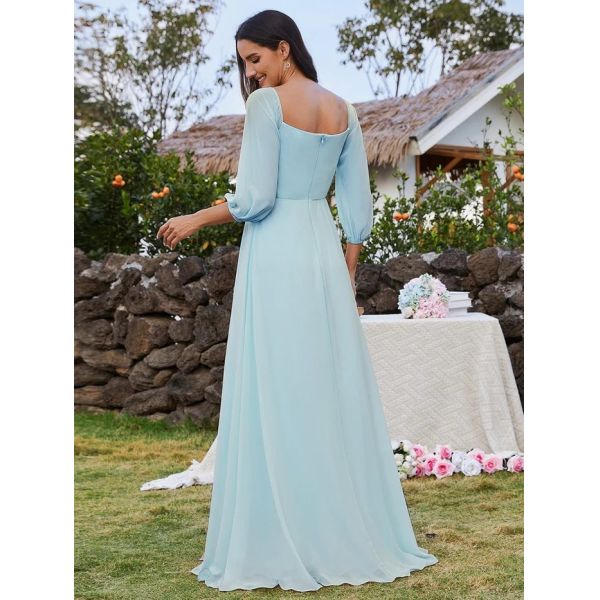 Plus Size Ruffled Long Sleeve High Slit Off-shoulder High Slit Sky Blue Chiffon Party Dress
