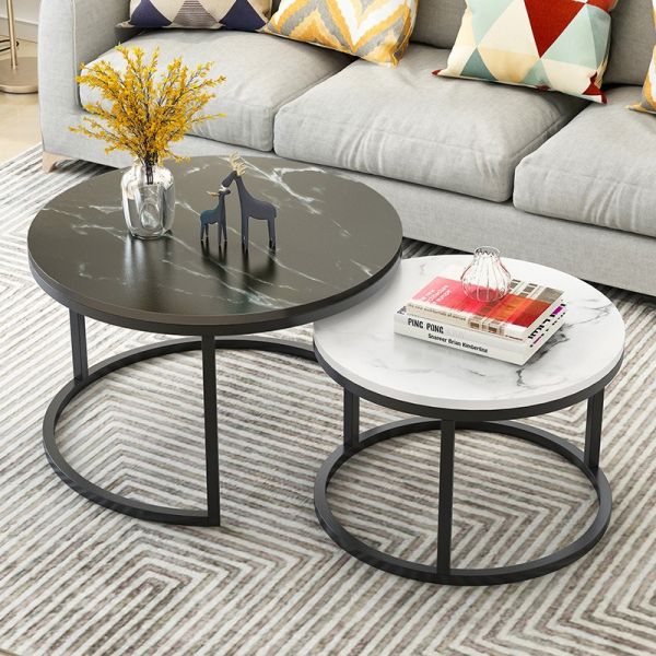 Living Room Coffee Table, Side Corner 2 Sets, Wooden Board Rack, Center Round Nesting Tea with Metal Frame