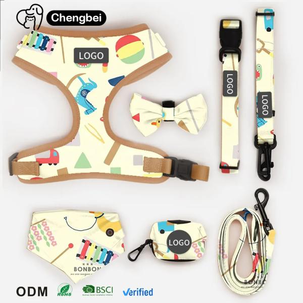 Custom Designers Dogs Logo Luxury Soft Padded Reversible Dog Harness Vest and Collar Leash Bow Bandana Pet Harness Sets