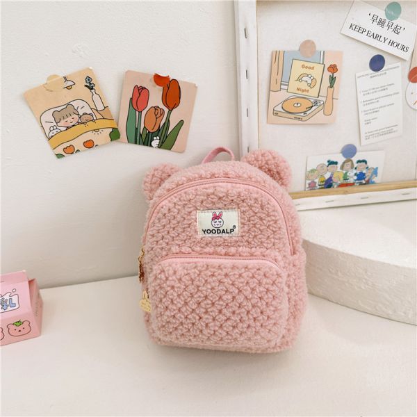 Furry Minnie Plush Children School Bag for Kids Bunny Backpack Pink Cartoon Mini Zipper Velvet Backpack