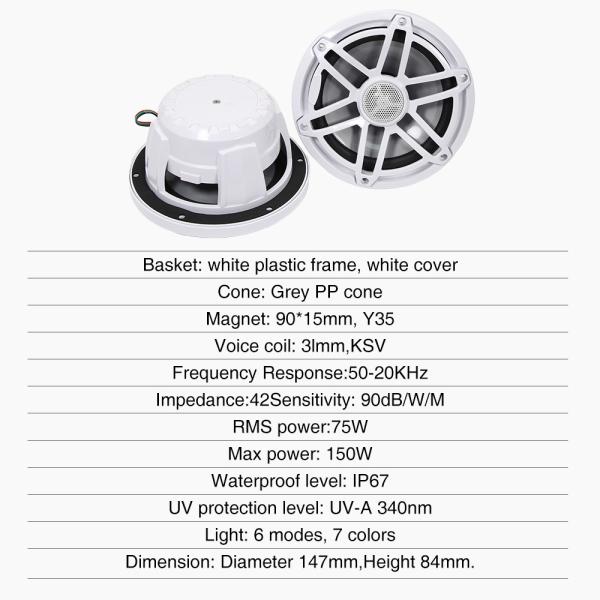 GRANDnavi 6Inch RGB LED Lighting Marine Speakers , IP67 Boat Yacht Marine Stereo