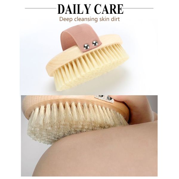 Pink Strap Natural Bristle Back Scrubber Wooden Body Brush Oval Shaped 154g
