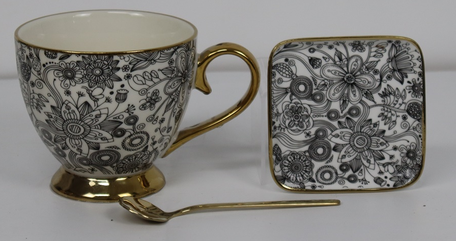 470cc footed mug with 9.5cm square dish 304 stainless steel spoon tableware ceramic gift set