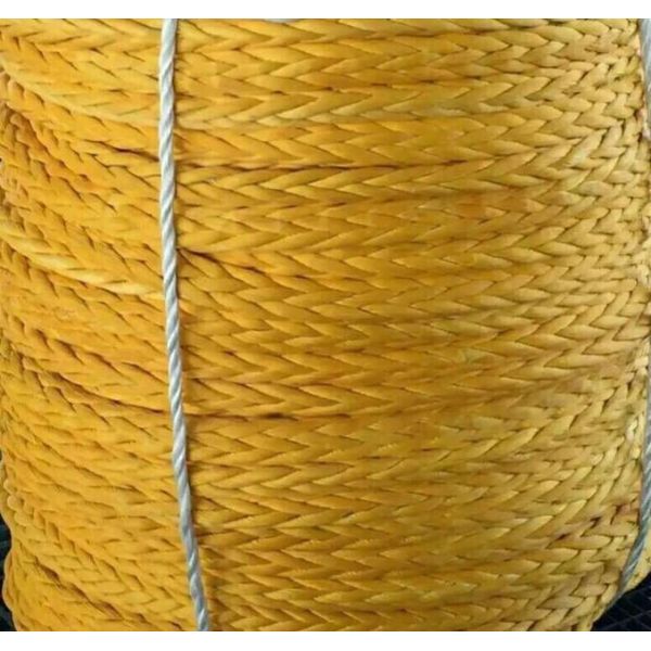 24mmx300m High Breaking Load 12 Strand Yellow Color HMPE Rope With Spliced Eye At Each End For Abrasion Resistance High