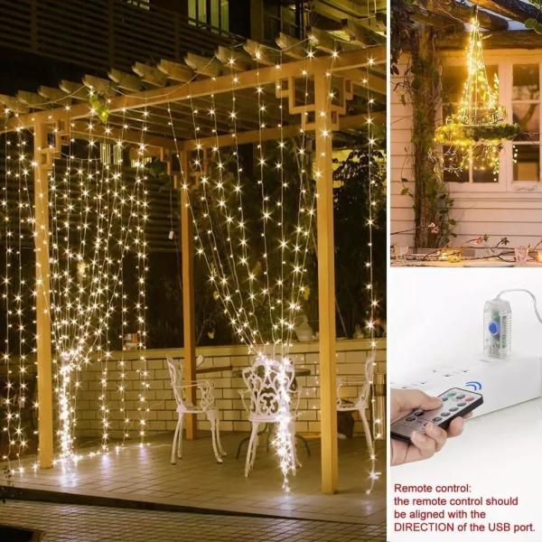 3500K Warm White LED Curtain Light for Bedroom Decorations 3x2.4m 240d USB Power Modes