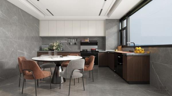Elegant Wood Grain Finish L-Shaped Stainless Steel Kitchen Cabinet