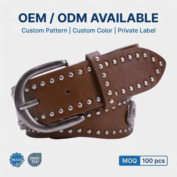 Fashion Women's Design Rivet Studs Belt Genuine Leather With Zinc Alloy  Buckle Belts