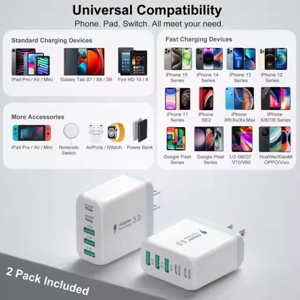 USB Wall Charger 50W Fast USB C Charging Blocks 2USB C+3USB A Portable Type C Power Adapter PD Cargadores Para Celular