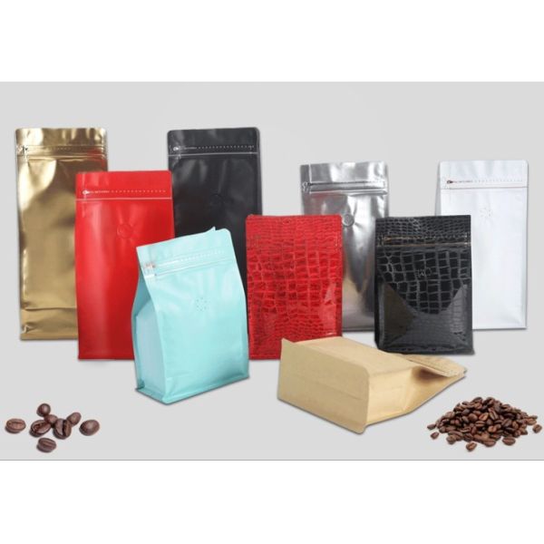 Eight-sided flat bottom black aluminum foil k bags stand up pouches with air valve for coffee bean