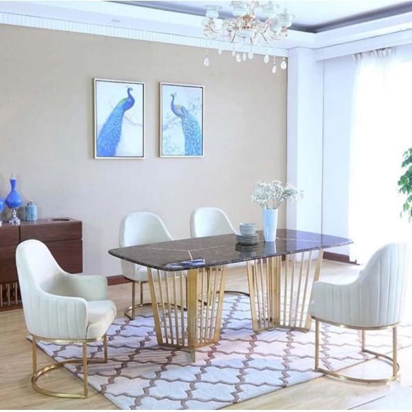 Luxury gold stainless steel dining chair baby pink velvet upholstery armrest chair for living room