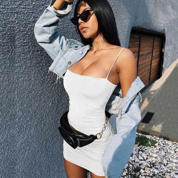 Spaghetti Straps Club Stretch 66cm Sleeveless Pleated Bodycon Dress