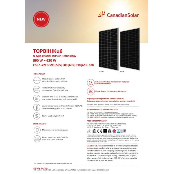 620W Canadian Module Mono Bifacial Solar Panel with and 3.2mm Heat Strengthened Glass