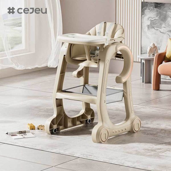 CJ-SH-S08 Baby High Chair Baby Feeding Chair for Babies and Toddlers with Adjustable Tray, Locking Wheels and PU Cushion Washable