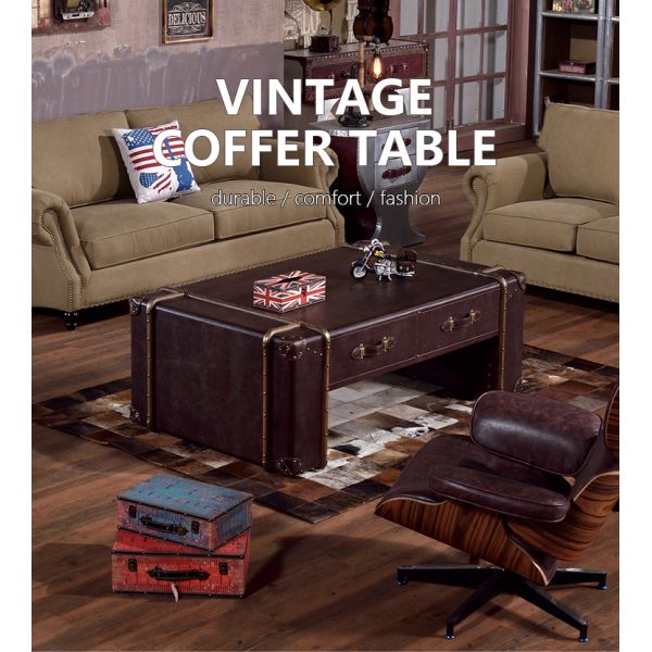 Nidea #8620 Luxury Vintage Trunk Coffee Table Genuine Leather Antique Industrial Design Living Room Furniture Storage Handmade Durable