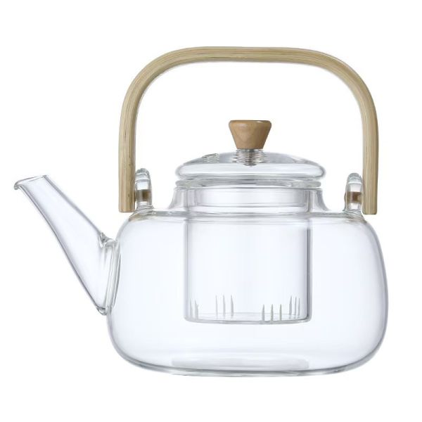 Eco Friendly Glass Tea Pot Transparent Glass Kettle With Wooden Lid Large Capacity