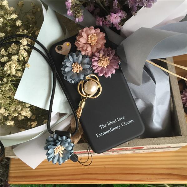 DIY Classical Flower Clusters with Lanyard Back Cover Cell Phone Case For iPhone 7 6s Plus