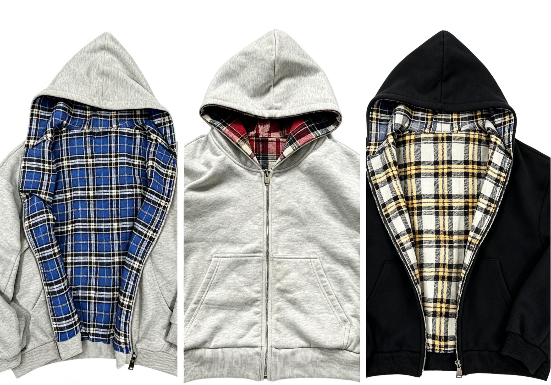 Plaid Lined Zip Up Hooded Sweatshirt Jacket, Oversized Loose Contrast Check Inner Hoodie 3 Colors Cross-Border Wholesale for Autumn