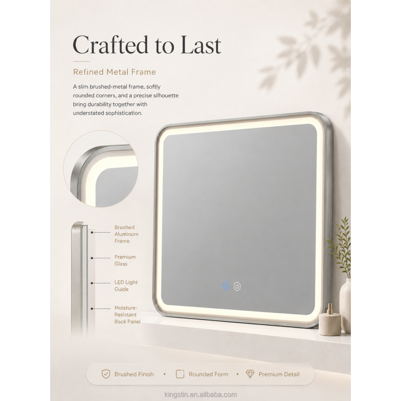 Kingstin Rectangular LED Bathroom Mirror, Dimmable 3-Color, Anti-Fog, Custom Size Metal Frame Smart Vanity Mirror