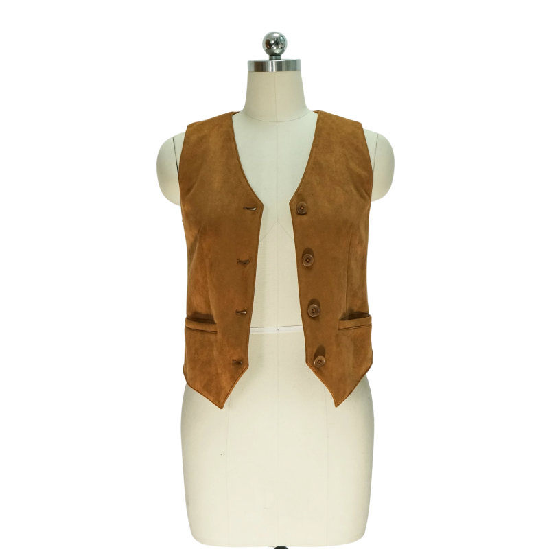 Faux suede vest with V-neck button front and side pockets, machine washable for easy care