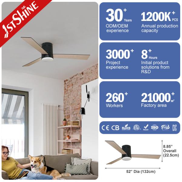 Fancy Wood Blades Low Profile Ceiling Fan with Remote Control and 3 Color LED Light