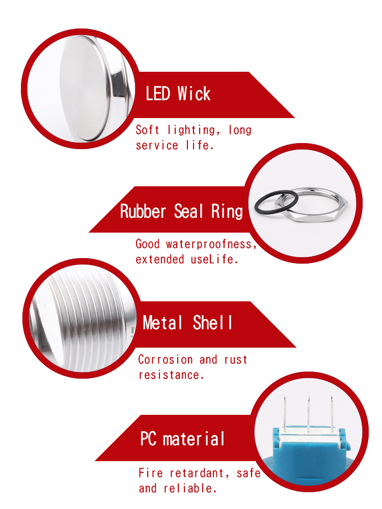 Self-Latching Stainless Steel Push Button Switch Waterproof IP66 IK09 22mm Max. Voltage 250v