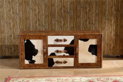 Vintage Milk Cow Leather TV Stand Plywood Frame With Buffer Guide Drawers