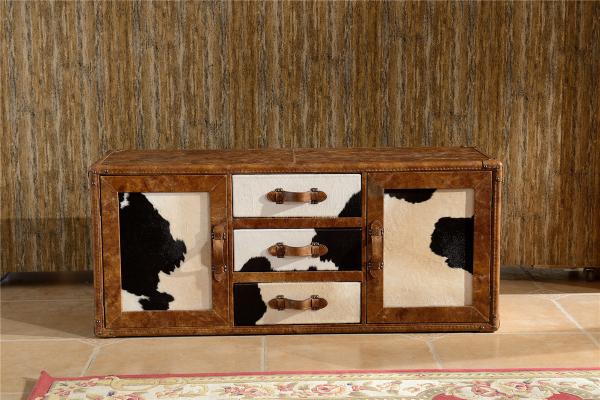 Vintage Milk Cow Leather TV Stand Plywood Frame With Buffer Guide Drawers