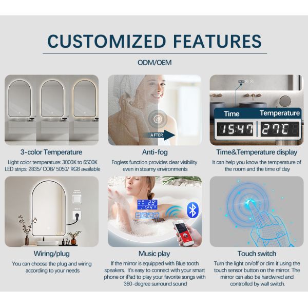 Gold Aluminum Frame LED Bathroom Mirror Anti Fog Touch Sensitive Mirror Arched LED Back Light Mirror