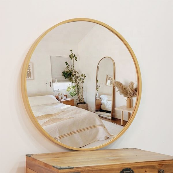 Vintage Solid Wood Frame Wall Mirror , Round Wall Mounted Bathroom Vanity Mirror